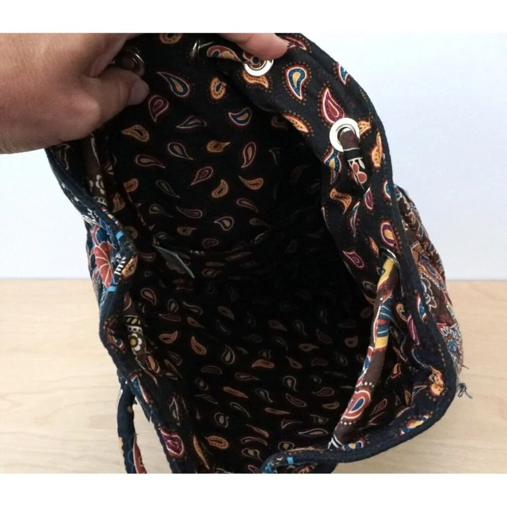 VERA BRADLEY Black Blue Yellow Quilted Floral Drawstring Cinch Backpack